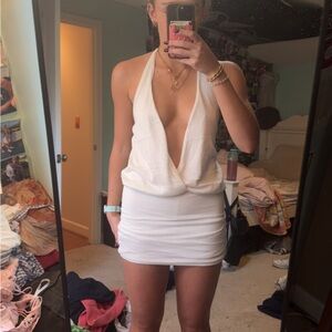 White Plunging Halter Mini Dress
